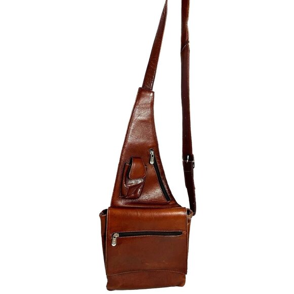 Piel Shoulder Sling Bag Leather Whiskey Sash Travel Compartments USA - Picture 1 of 14
